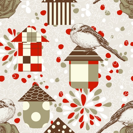 Birds and birdcages seamless patternのイラスト素材