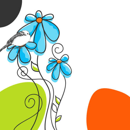 Vector flowers and cute birdのイラスト素材