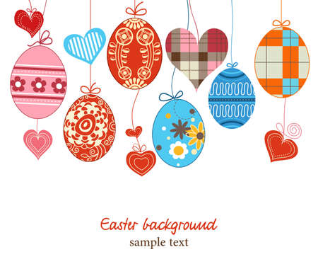 Easter background, hanging colorful eggs over whiteのイラスト素材