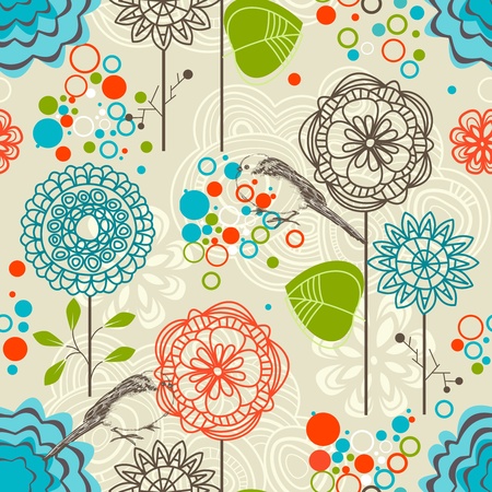 Retro garden seamless pattern, flowers and birdsのイラスト素材