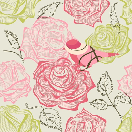 Retro floral and bird seamless patternのイラスト素材