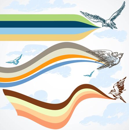 Birds flying colorful banners in the skyのイラスト素材