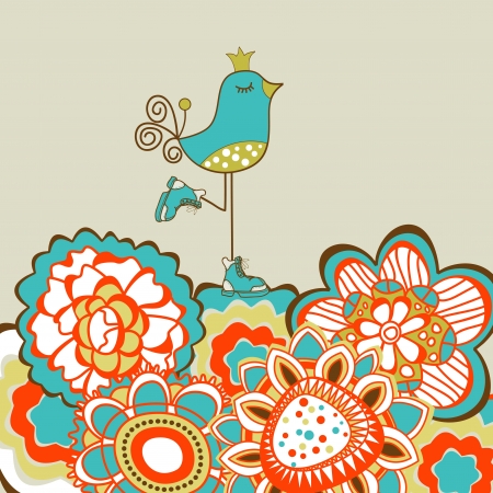 Floral garden and cute birdのイラスト素材