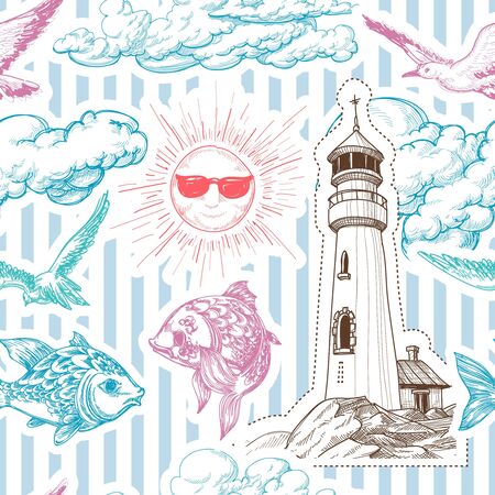 Summer seamless pattern with marine elementsのイラスト素材