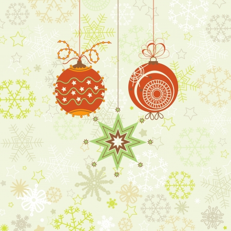 Christmas ornaments in red and green, snowflakes background のイラスト素材