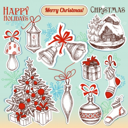 Christmas hand drawn symbols and stickers setのイラスト素材