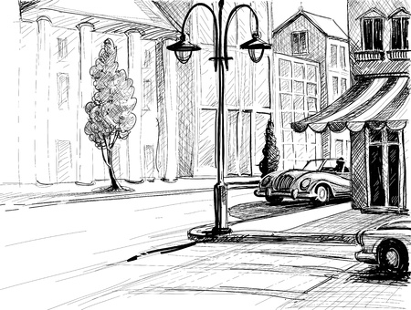 Retro city sketch, street, buildings and old cars vector illustration, pencil on paper styleのイラスト素材