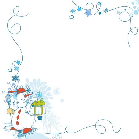 Christmas card, funny snowman corner decoration with gift のイラスト素材