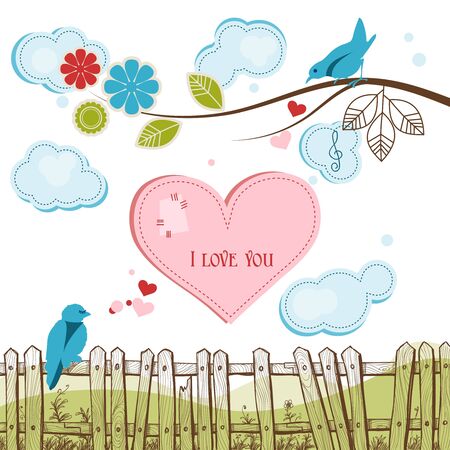 Blue birds singing love illustrationのイラスト素材