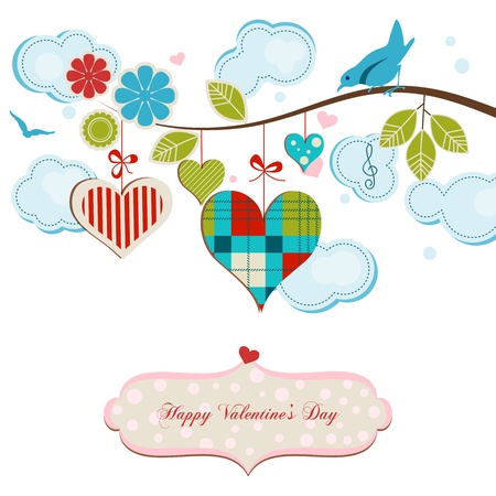 Romantic greeting card, blue birds and hearts のイラスト素材