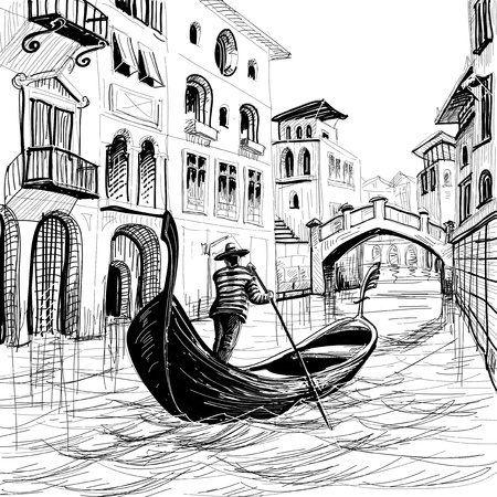 Gondola in Venice vector sketchのイラスト素材