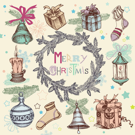 Vintage Christmas illustration, fir tree frame wreath and set of xmas elements and icons のイラスト素材