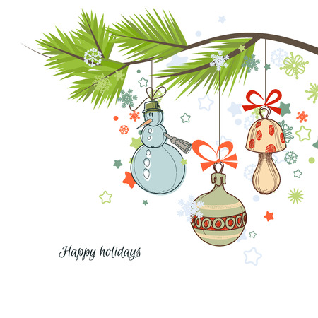 Christmas background, tree branch and cute ornaments のイラスト素材