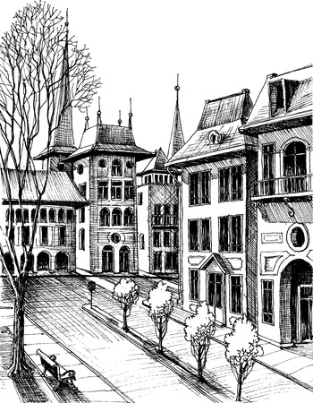 Autumn in the city. Hand drawn outdoor sketch のイラスト素材