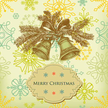 Retro Christmas bells over snowflakes pattern and label for text のイラスト素材
