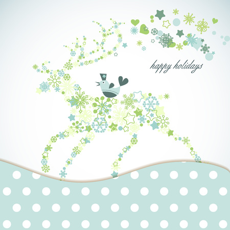 Christmas illustration, snowflakes reindeer and cartoon bird wishing you Happy holidaysのイラスト素材