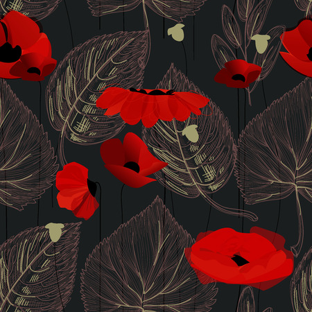 Poppy flowers and leaf seamless pattern over black のイラスト素材