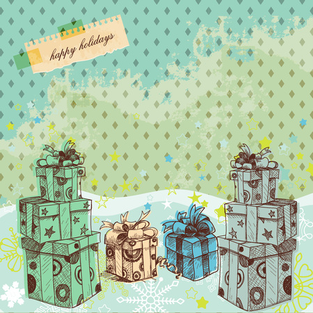 Vintage Christmas card, gift boxes over old cardboard のイラスト素材