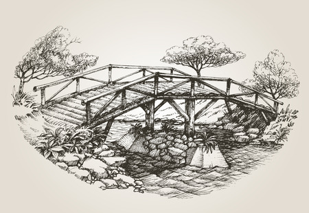 Bridge over river sketchのイラスト素材