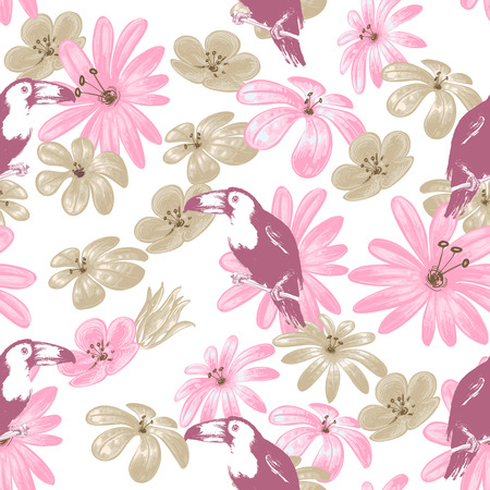 Tropical summer seamless pattern, flowers and birdsのイラスト素材