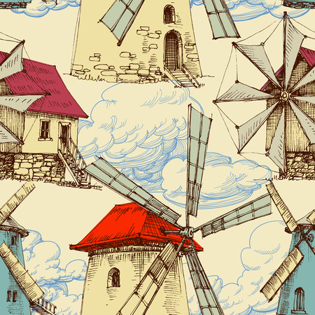 Wind mill pattern, sky and clouds backgroundのイラスト素材