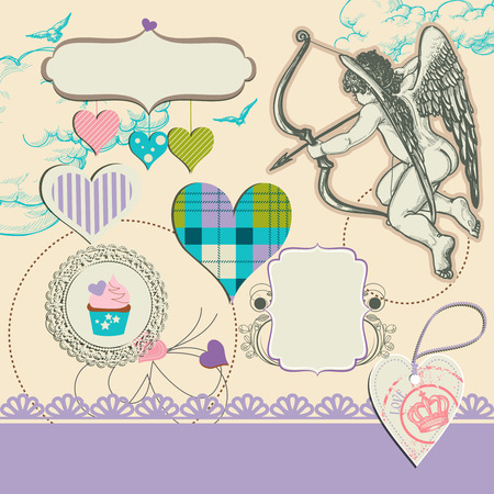 Fancy wedding design elements, hearts, cupid, frames for textのイラスト素材