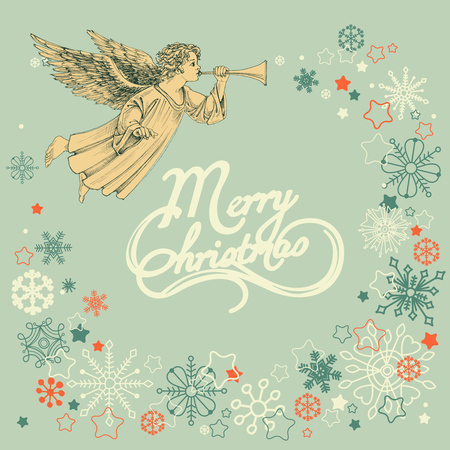 Retro Christmas greeting card, angel and snowflakes frameのイラスト素材