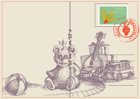 Christmas toys and gifts vintage cardのイラスト素材