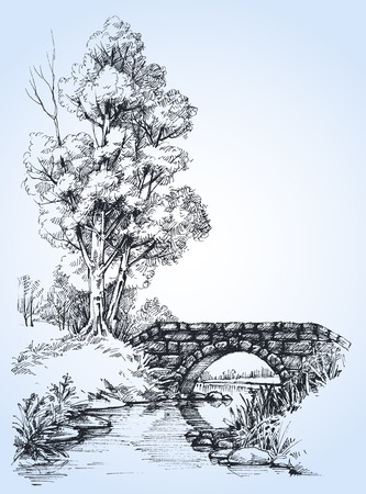Park sketch, a stone bridge over river in the forestのイラスト素材