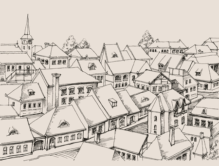 House roofs drawing, small cityscapeのイラスト素材