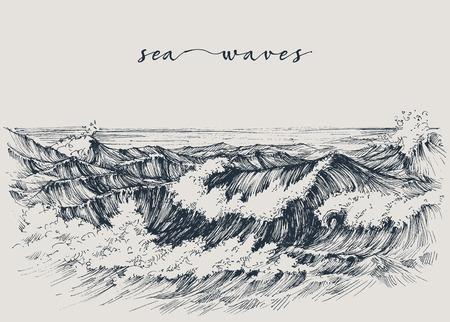 Sea or ocean waves drawing. Sea view, waves breaking on the beachのイラスト素材