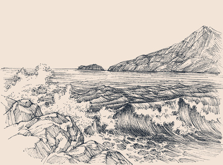Sea waves breaking on rocky shoreのイラスト素材