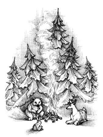 Cute Christmas card sketch. Forest animals near fire campのイラスト素材