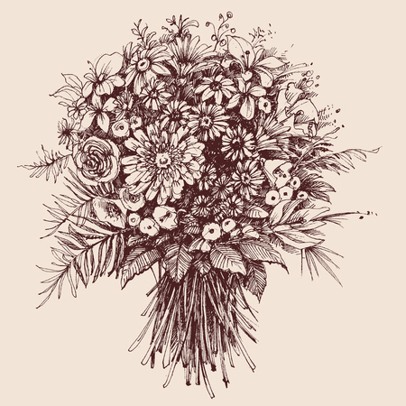 Bridal flowers bouquet, beautiful engraving style, vintage floral bunchのイラスト素材