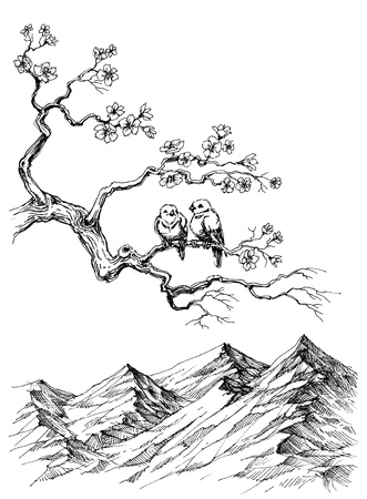 Spring birds on tree branch sketchのイラスト素材