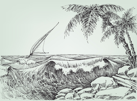 Sea waves view from the beach hand drawingのイラスト素材
