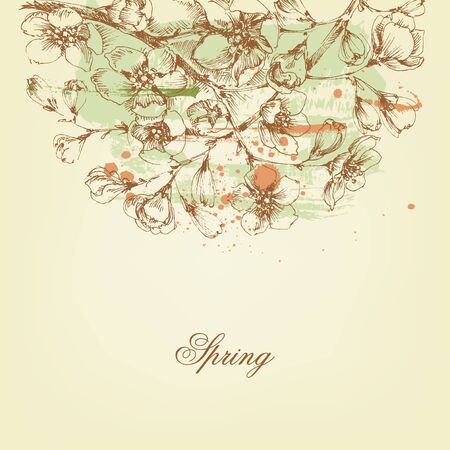 Spring flowers border. Apple flowers hand drawn, painted spots of colorのイラスト素材