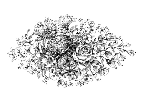 Vintage floral ornament, hand drawn etch styleのイラスト素材