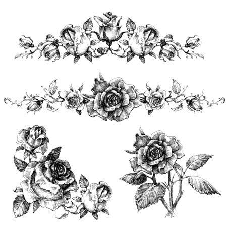 Rose design elements, garlands and bouquetsのイラスト素材
