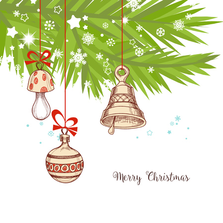 Christmas background with pine tree and cute traditional decorationsのイラスト素材