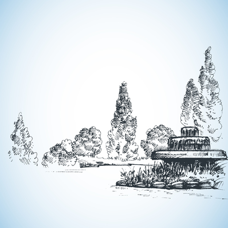 Garden artistic drawing, water fountain and poplarsのイラスト素材
