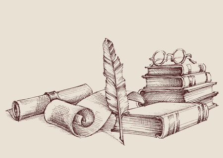 Diploma or certificate vintage ornaments, writing and reading concept. Old books, scroll and quill pen retro standのイラスト素材
