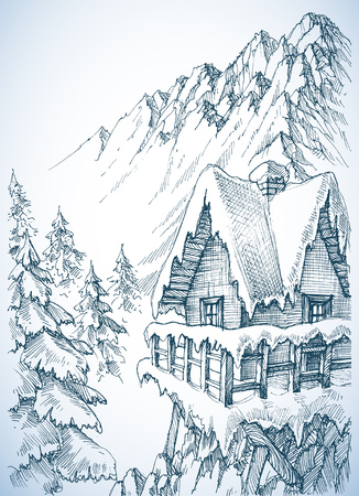 Refuge in the mountains. A winter cabin in the pine forest のイラスト素材