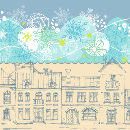 Christmas card. Blue sky snowflakes border and city sketchのイラスト素材