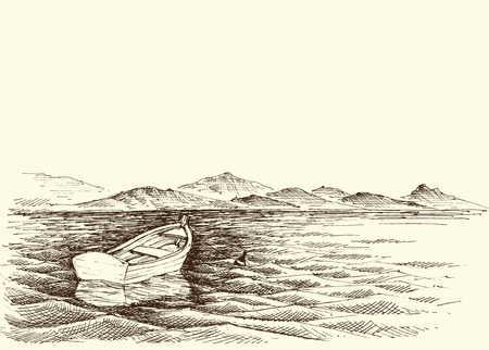 Empty boat on calm sea water, mountains panorama in the background. relaxation conceptのイラスト素材