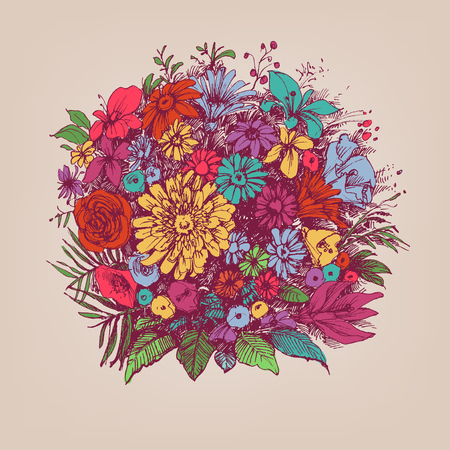 Floral bouquet. Round floral arrangement or floral frame.のイラスト素材