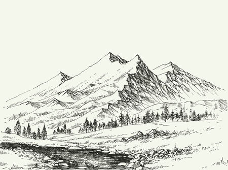 Mountains landscape sketch. River flow and alpine vegetation hand drawing.のイラスト素材
