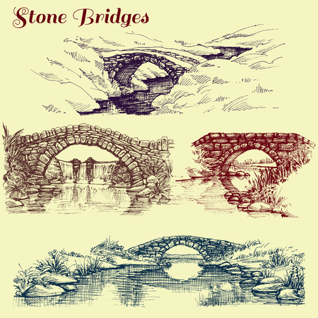 Stone bridges set. A collection of bridges over rivers design elementsのイラスト素材