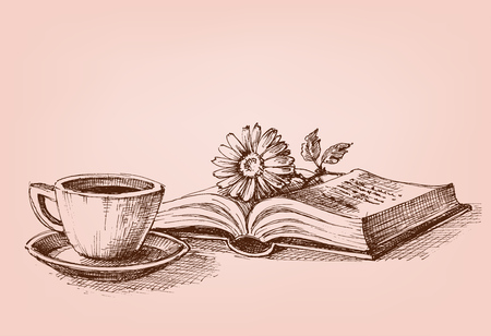 Reading a book conceptual drawing. A flower on a book and a cup of coffee study standのイラスト素材
