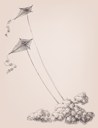 Kites in the sky over the clouds. Childhood, joy, freedom, high goals, happiness conceptのイラスト素材